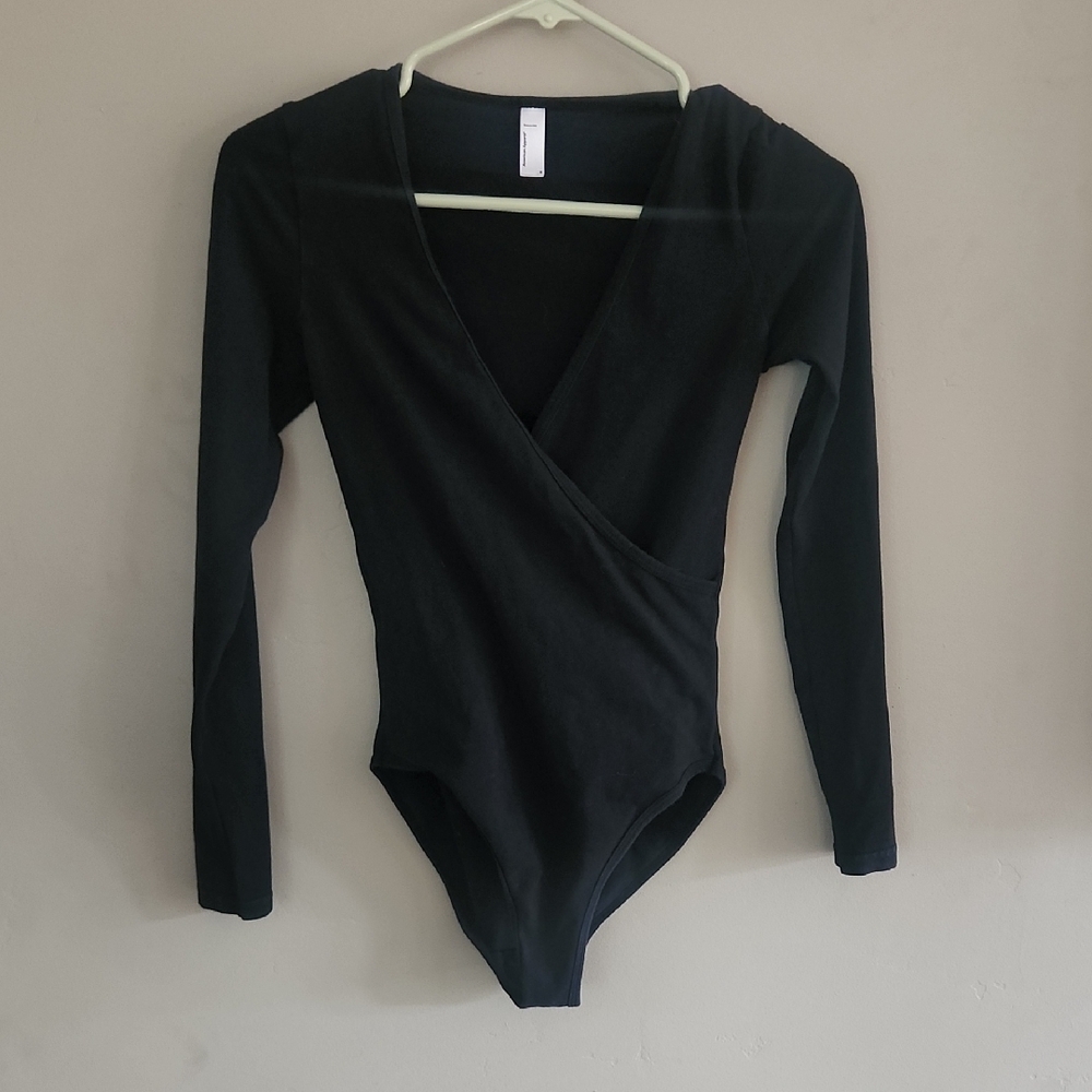 American Apparel Black Long-Sleeve Wrap Bodysuit